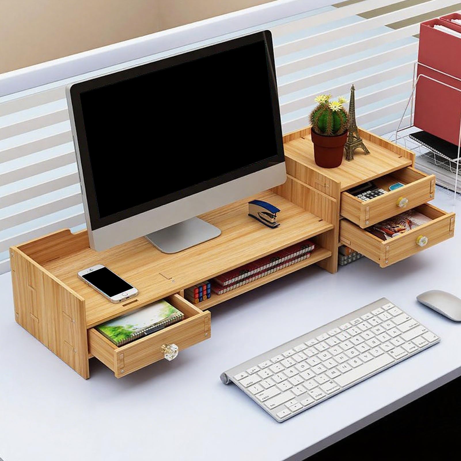 Supporto per Monitor Computer Supporto per Computer da Scrivania | Ripiano in Legno per Accessori Ufficio Casa Organizzazione PC Laptop Stampante Cancelleria