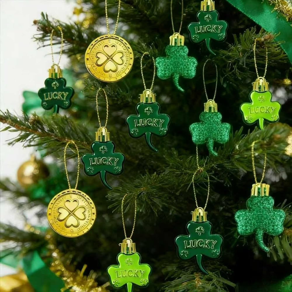 18Pcs St. Patrick's Day Tree Ornaments - Shamrock & Good Luck Clover Coin Hanging Decorations, Irish Festival Party Favors for Holiday Tree Decor