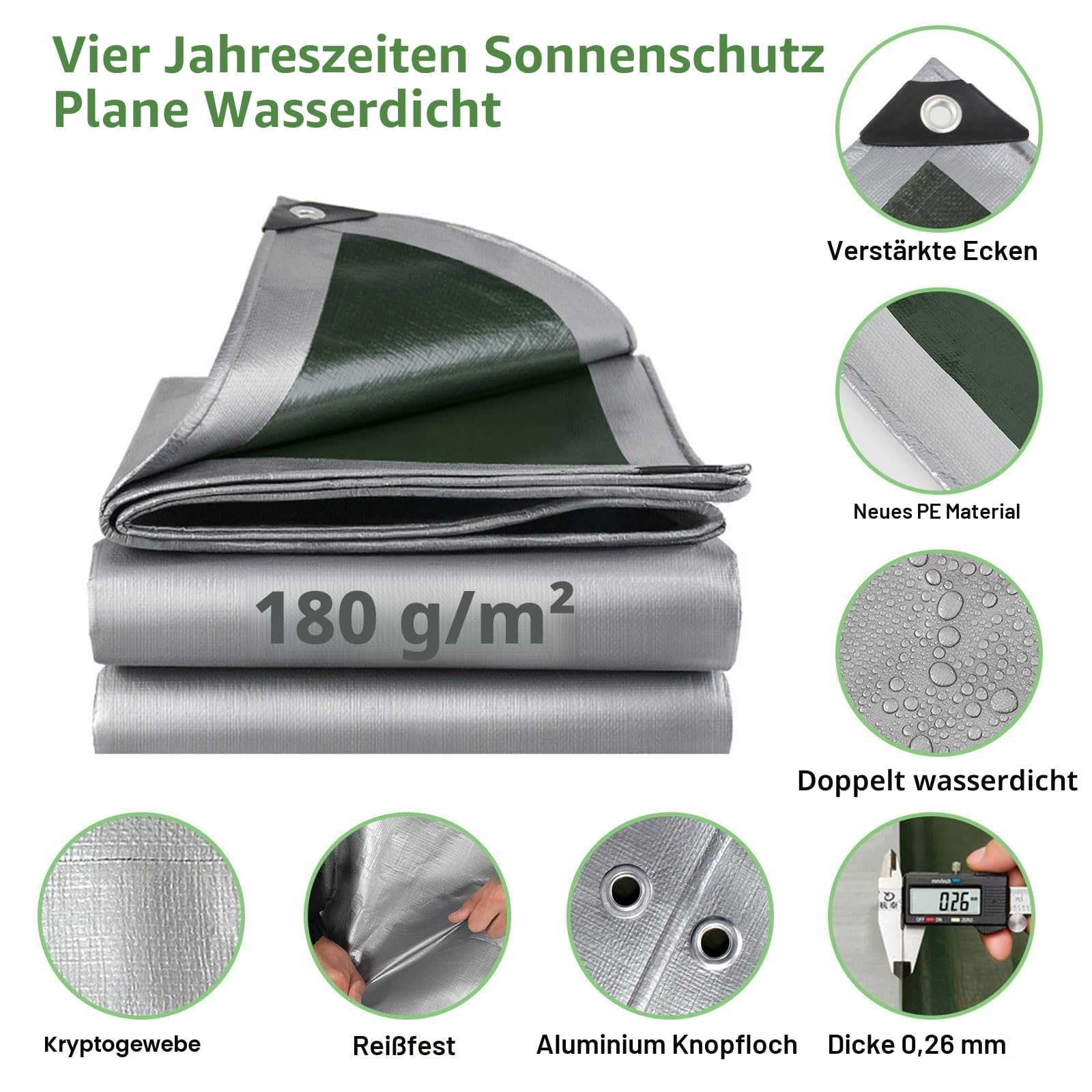 Plane Wasserdicht Heavy Duty - Dicke 180 g/m² Widerstandsfähige Wasserdichte Outdoor Plane 3m x 4m, Frostbeständig, UV-Schutz PE Kunststoffplane für Garten, Pavillon, Camping, Möbel, Schuppen (3 x 4m)