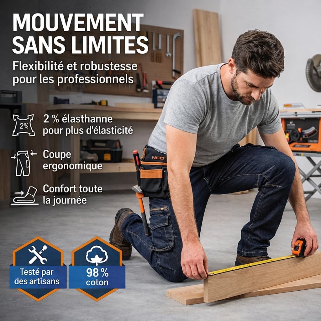 NEO TOOLS Pantalon de Travail Homme ou Ensemble Komplet vec Veste Polaire - Taille XS à 3XL- Aspect Denim Pantalon de Travail pour Hommes - Design Tendance, Cargo Pantalon de Travail Durab