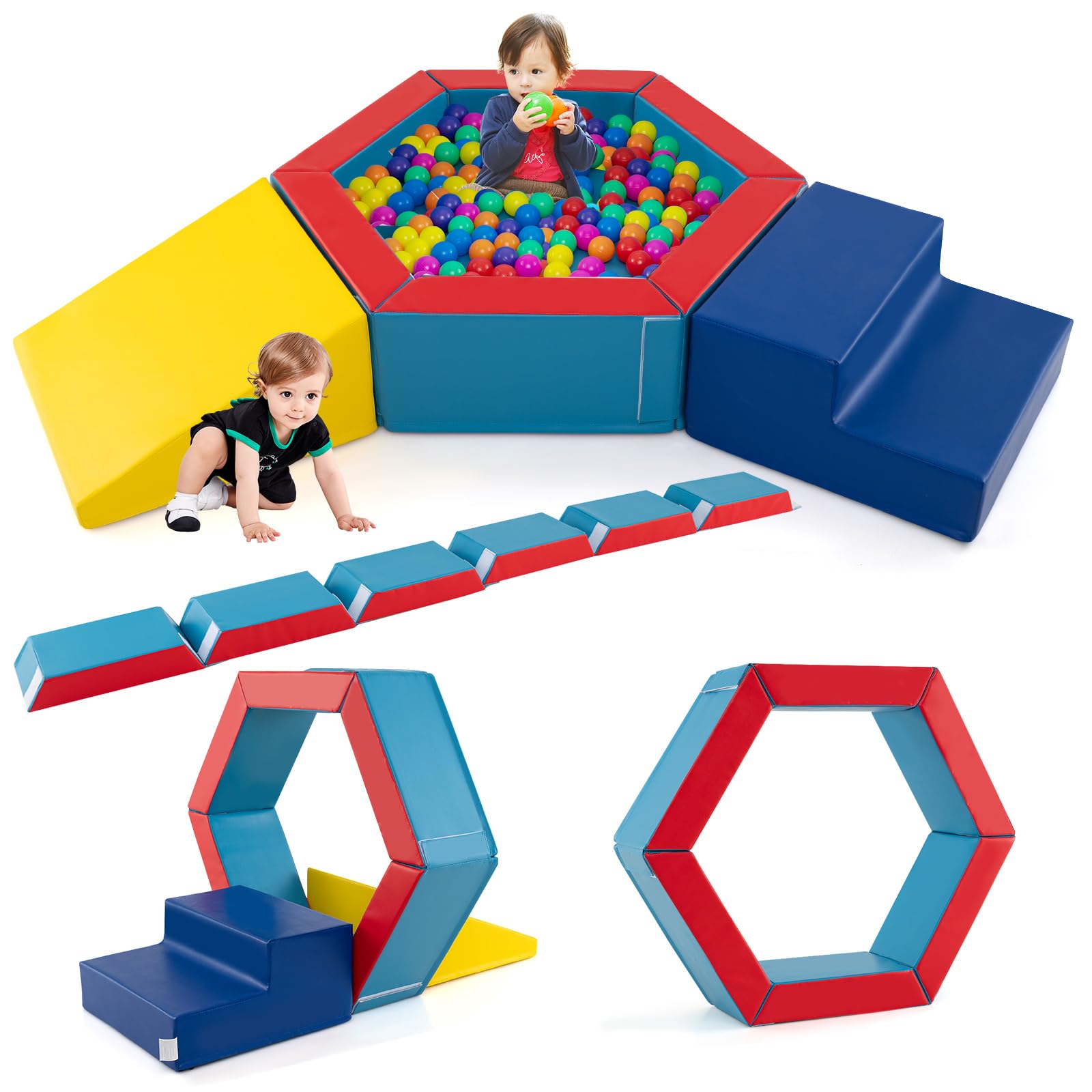 DREAMADE 3 Parcours Motricité Bébé, Blocs de Construction & Piscine à Balles pour Grimper et Ramper avec 100 Balles Océaniques, pour Enfants 1+ Ans