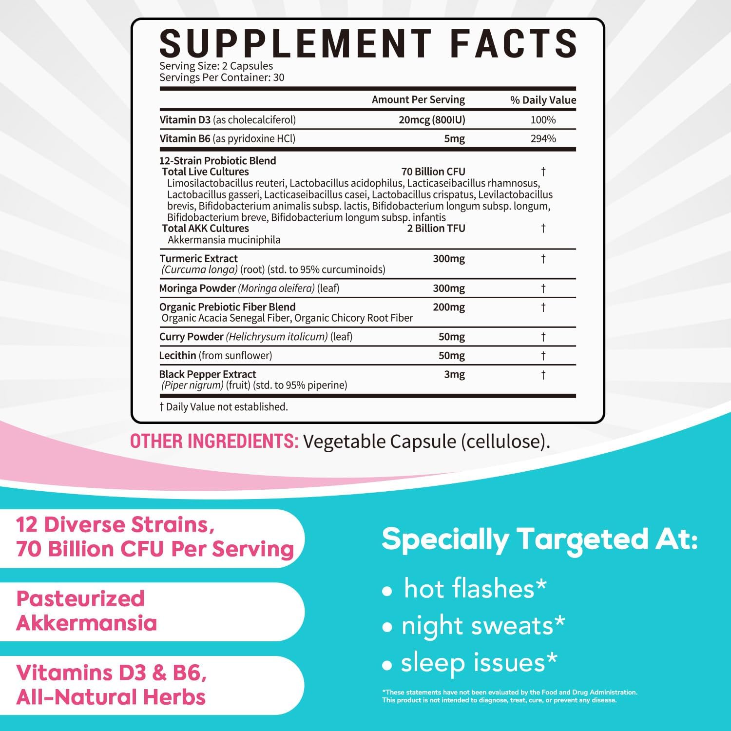 Menopause Probiotic Supplement for Women, 70 Billion CFU, with Akkermansia Muciniphila, Vitamins B6 & D3, Botanicals, for Hormone Balance, Hot Flashes, Night Sweats, Gut Health, 60 Capsules — Amazon image 2