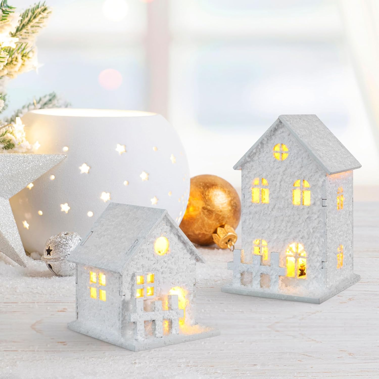 Totority Glowing Christmas Wooden House Ornaments,3pcs Illuminated Cabin Decor with Warm Light, Desktop Holiday Displays for Xmas Tree, Mantel, and Village Scenes, Natural Wood Material - Image 2
