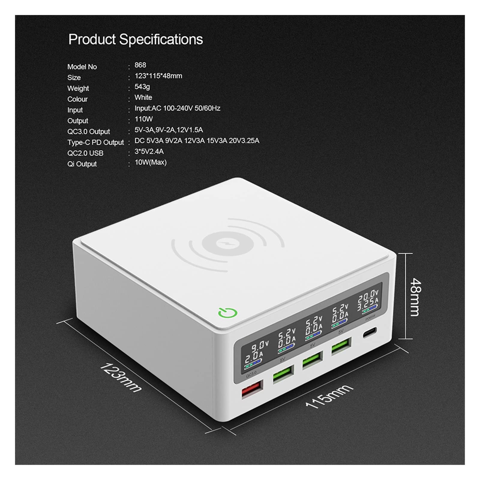 USB typu C PD stacja ładująca 65W zasilacz z bezprzewodową ładowarką LCD Qi telefon szybka stacja ładująca do laptopa Tablet ładowarka USB Bezpieczna ładowarka