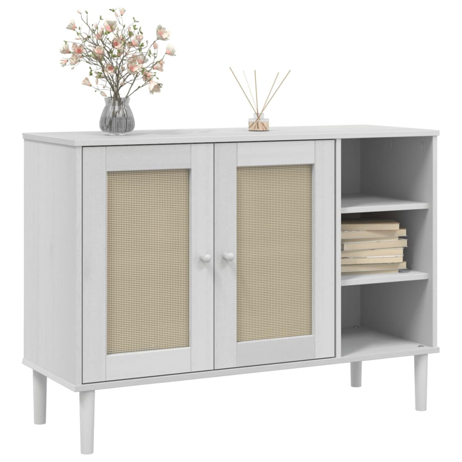 Credenza SENJA, effetto rattan, bianco, 112 x 40 x 80 cm, in legno di pino massiccio con verniciatura UV, 5 scomparti e 2 ante, per soggiorno, corridoio e sala da pranzo