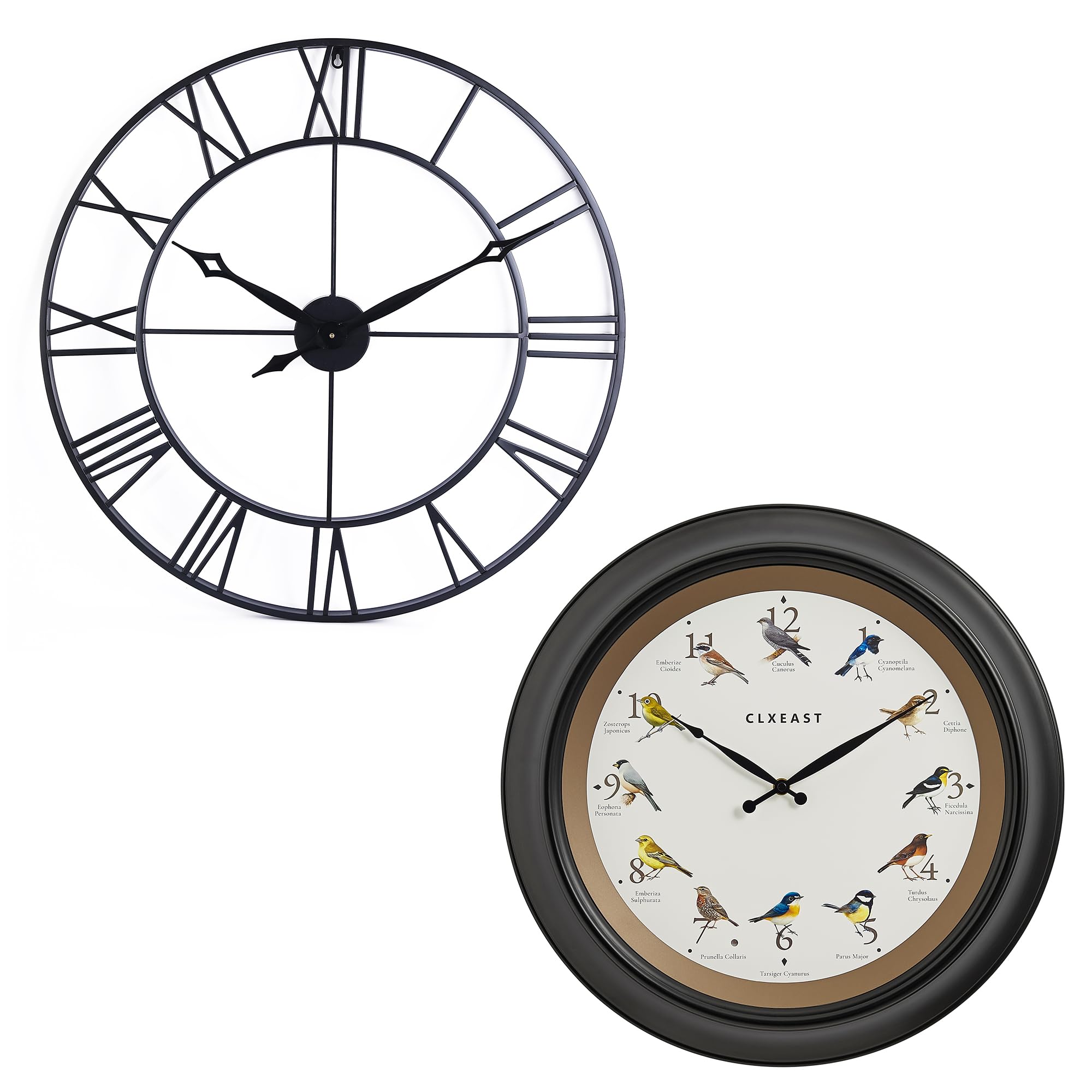 CLXEAST 30 Inch Large Oversized Roman Numeral Decorative Black Metal Wall Clock for Living Room Decor 18 Inch in/Outdoor Singing Bird Wall Clock,Auto Silent Night Mode