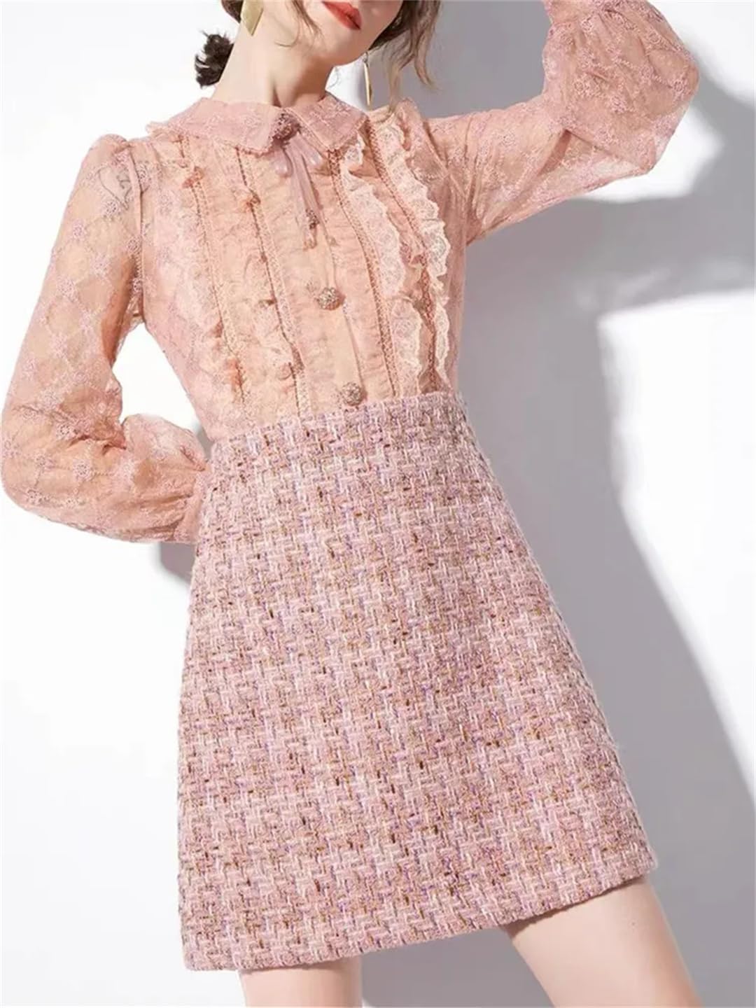 Womens Embroidery Spliced Ruffle Tweed Dress Small Fragrant Style Beaded Elegant Woolen Dress
