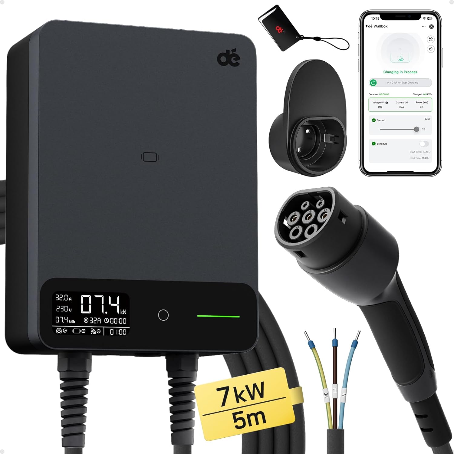 Dé 7,4kW Estación de carga para coches eléctricos App (6-32A, monofásico) Wallbox 7,4kW con cable de carga tipo 2 5 m, RFID, estación de carga con RCD tipo B y protección IP54 para el modelo Y/3 y otros BEV Dé 7,4kW Estación de carga para coches eléctricos App (6-32A, monofásico) Wallbox 7,4kW con cable de carga tipo 2 5 m, RFID, estación de carga con RCD tipo B y protección IP54 para el modelo Y/3 y otros BEV