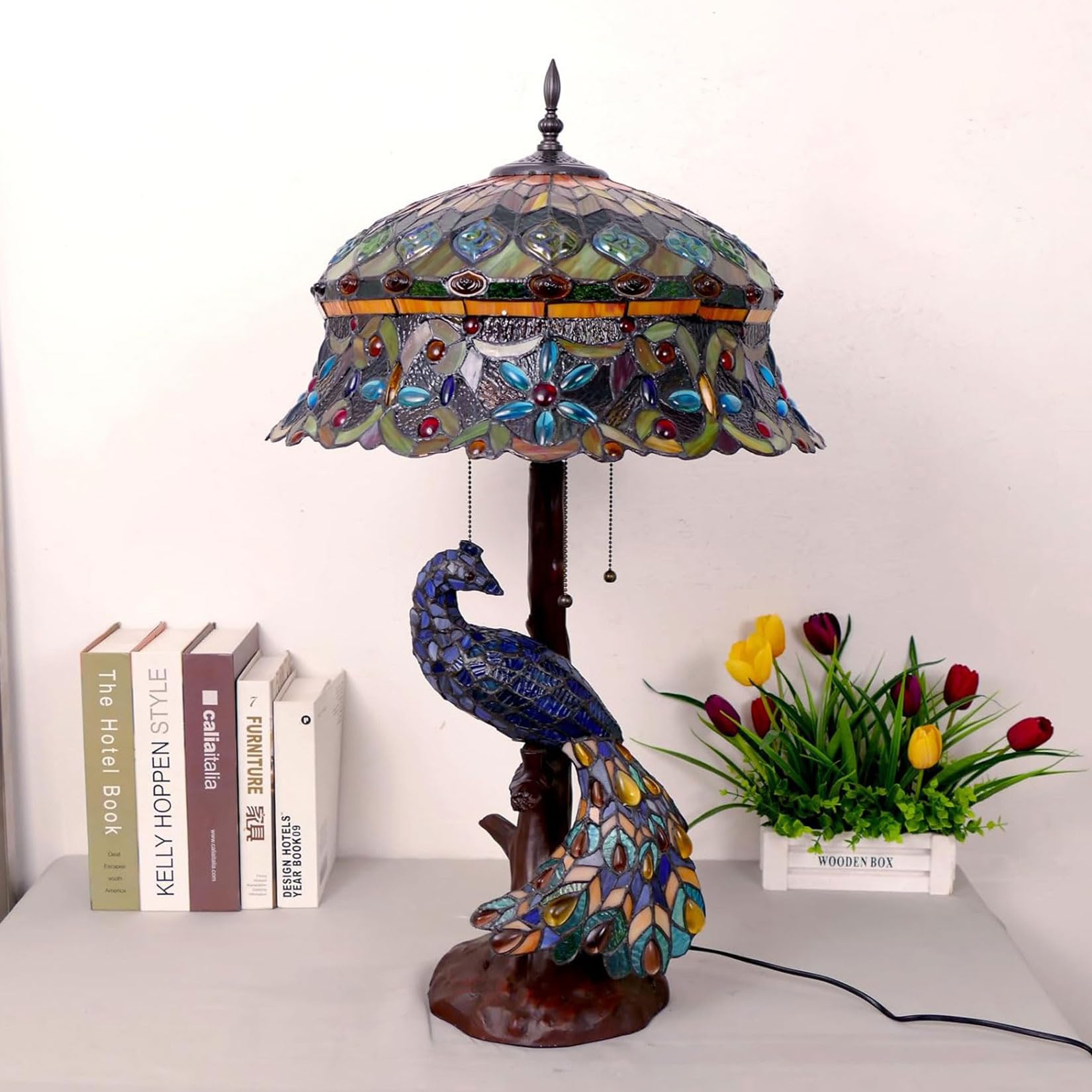 Lampada da tavolo a forma di pavone, paralume in vetro colorato da 45 cm, altezza 79 cm, lampada da comodino con 5 luci, per camera da letto e soggiorno