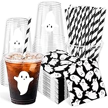 JarThenaAMCS Halloween Tableware Set Ghost Paper Napkins Disposable Plastic Cups with Lids and Straws for 50 Guests Holiday Party Supplies Table Decor