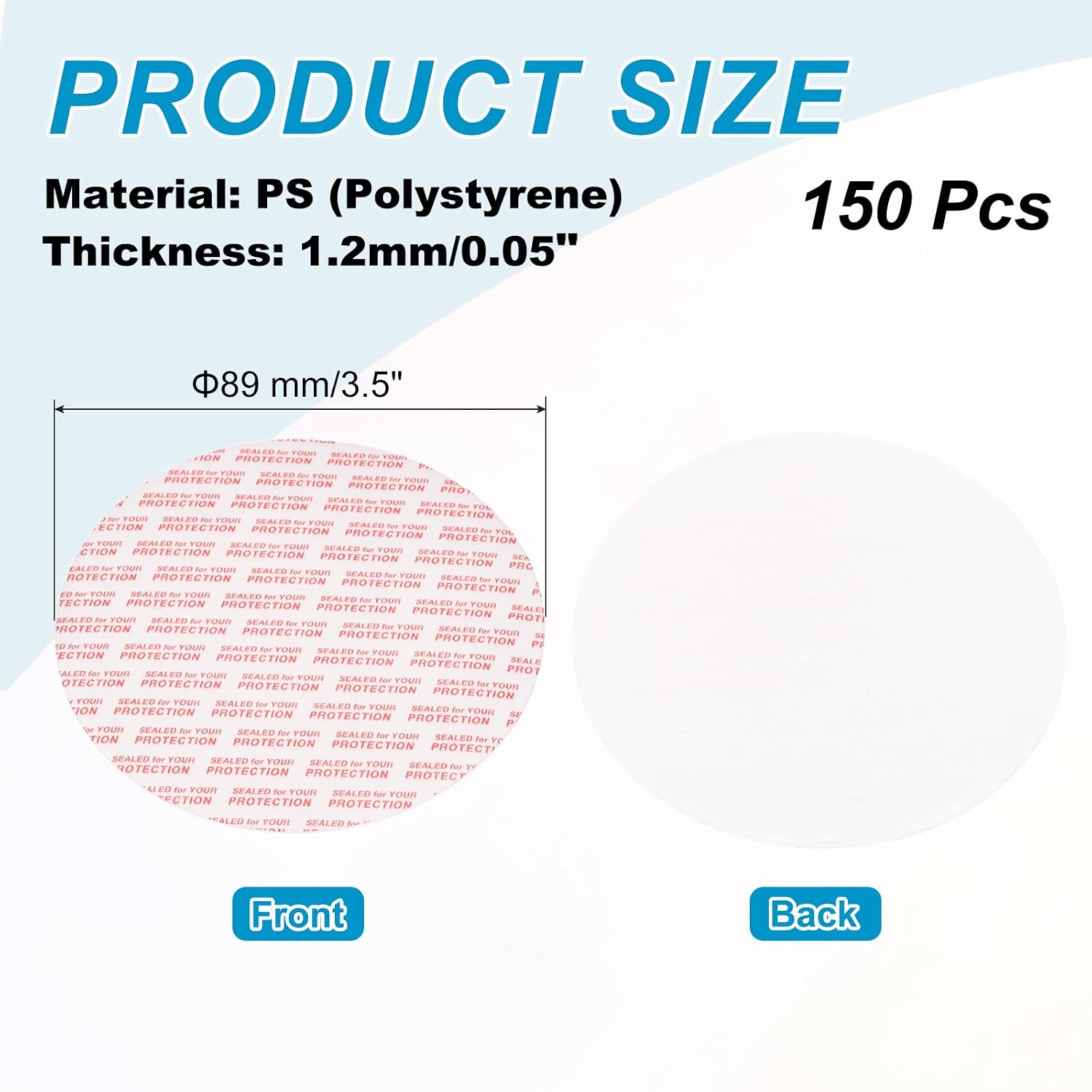 PATIKIL 89mm/3.5" Foam Lid Liner, 150pcs Adhesive Round PS Pressure Sensitive Seals, Cap Liners Resistant Tamper for Plastic Glass Jar Bottle Cap Canning Vials Seals Red Text, White