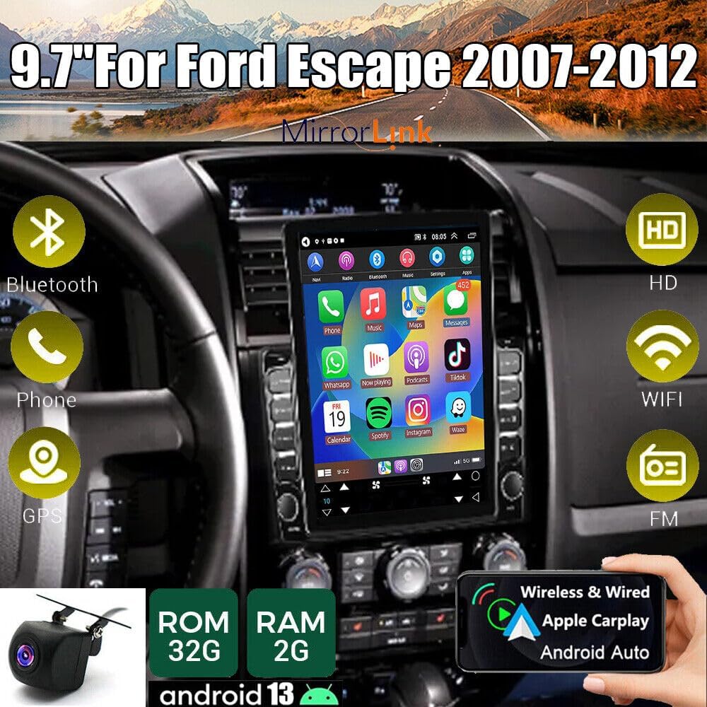 ikasus Android 13.0 Car Radio Stereo for Ford Escape 2007-2012, 9.7 Touchscreen Radio with Wireless Carplay & Android Auto Support Bluetooth Built-in GPS WiFi DSP SWC FM RDS HD Backup Camera [2+32G]