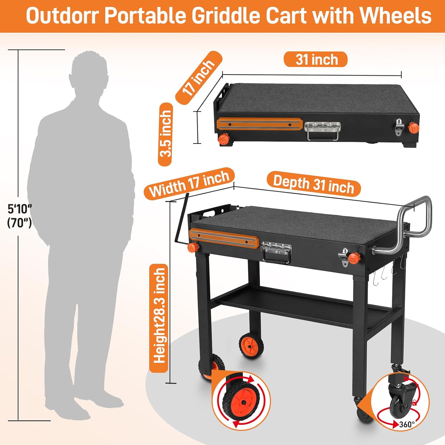 EUTRKei Outdoor Grill Cart with Wheels, Blackstone Griddle Stand for 17" & 22", Folding Grill Table for Weber Grill, Ninja Woodfire Outdoor Grill, Portable Grill Table for Griddle Accessories