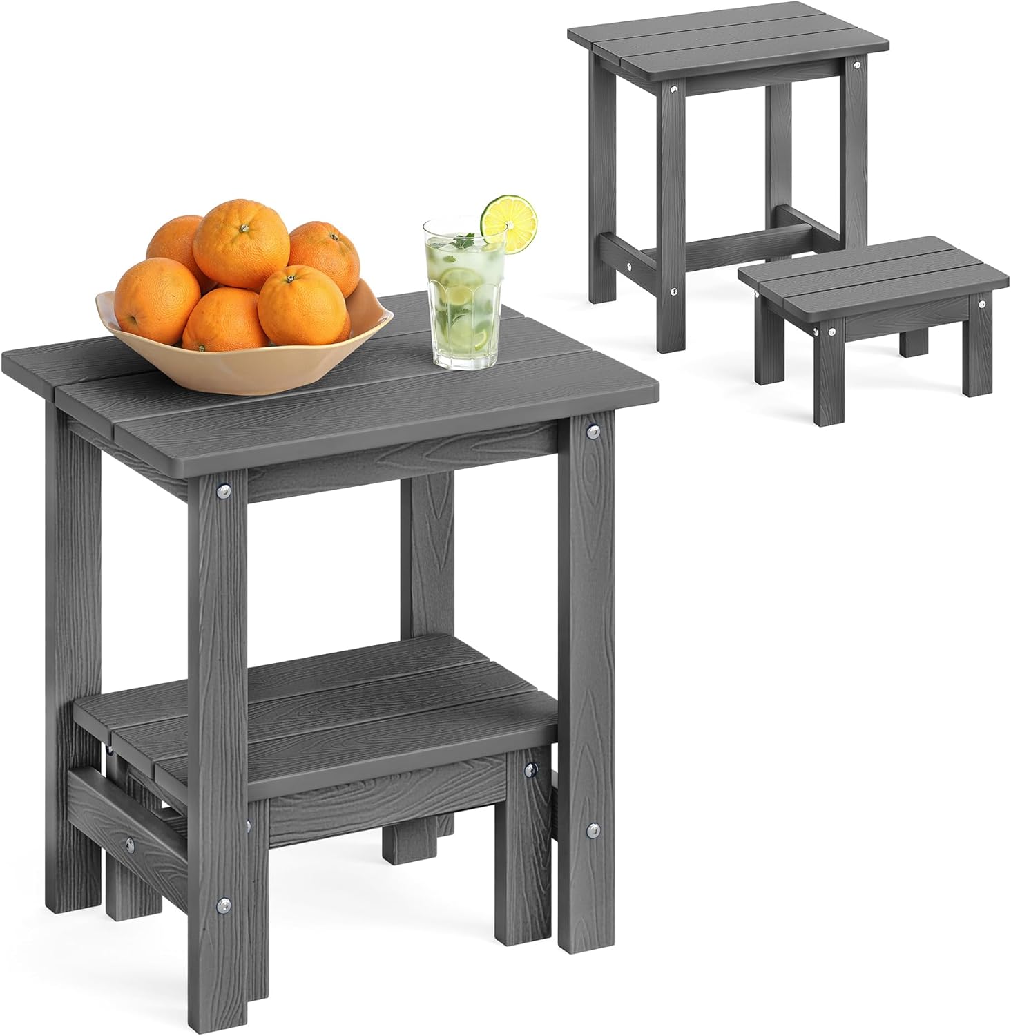 LUE BONA Outdoor Side Table, 2-Tier HDPS Outdoor Nesting End Table with Removable Small Foot Stool for Patio, Deck, Poolside, Low Maintenance & Weather Resistant,Dark Gray