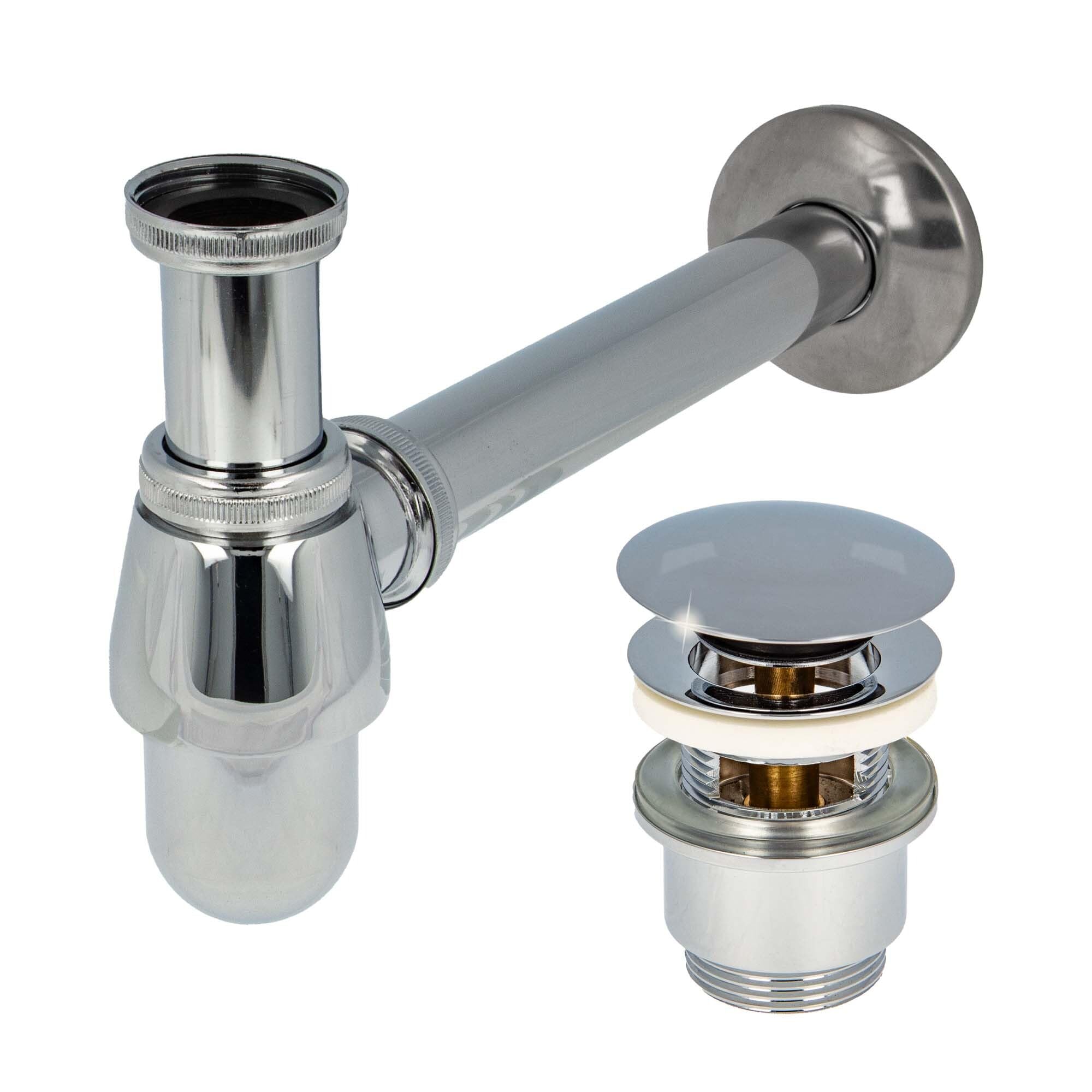 tecuro Siphon extra lang mit Pop Up Ablaufventil verchromt - Universal Set für Waschtisch/Waschbecken