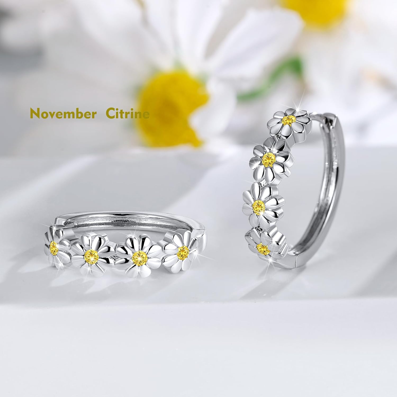 Daisy Flower Earrings For Women, Birth Flower Birthstone Hoop Earrings For Daughter Mother Mom, Sterling S925 Silver, I Think Of You Every Daisy