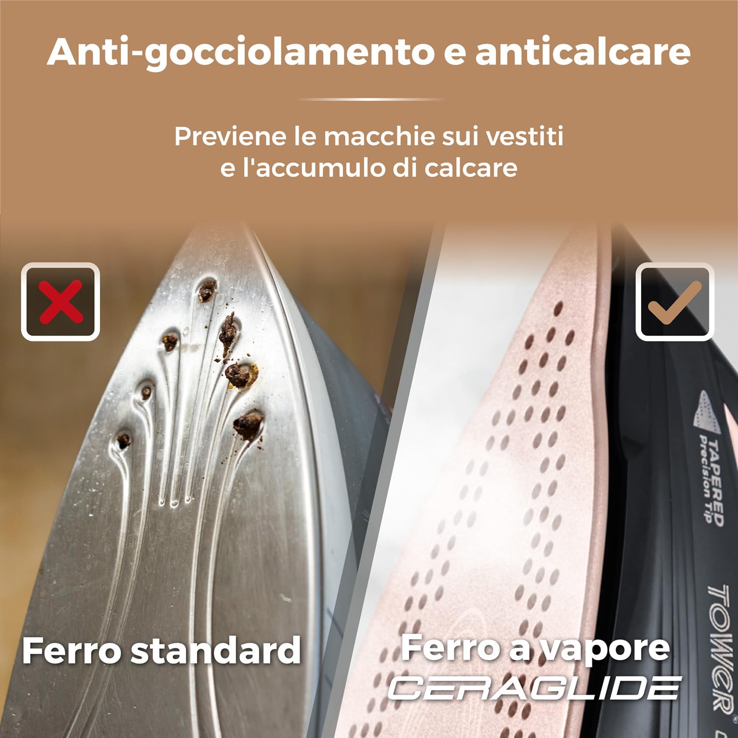 Tower T22008RG Ferro da Stiro a Vapore Senza Fili CeraGlide con Piastra in Ceramica e Funzione Vapore Variabile, Nero e Oro Rosa
