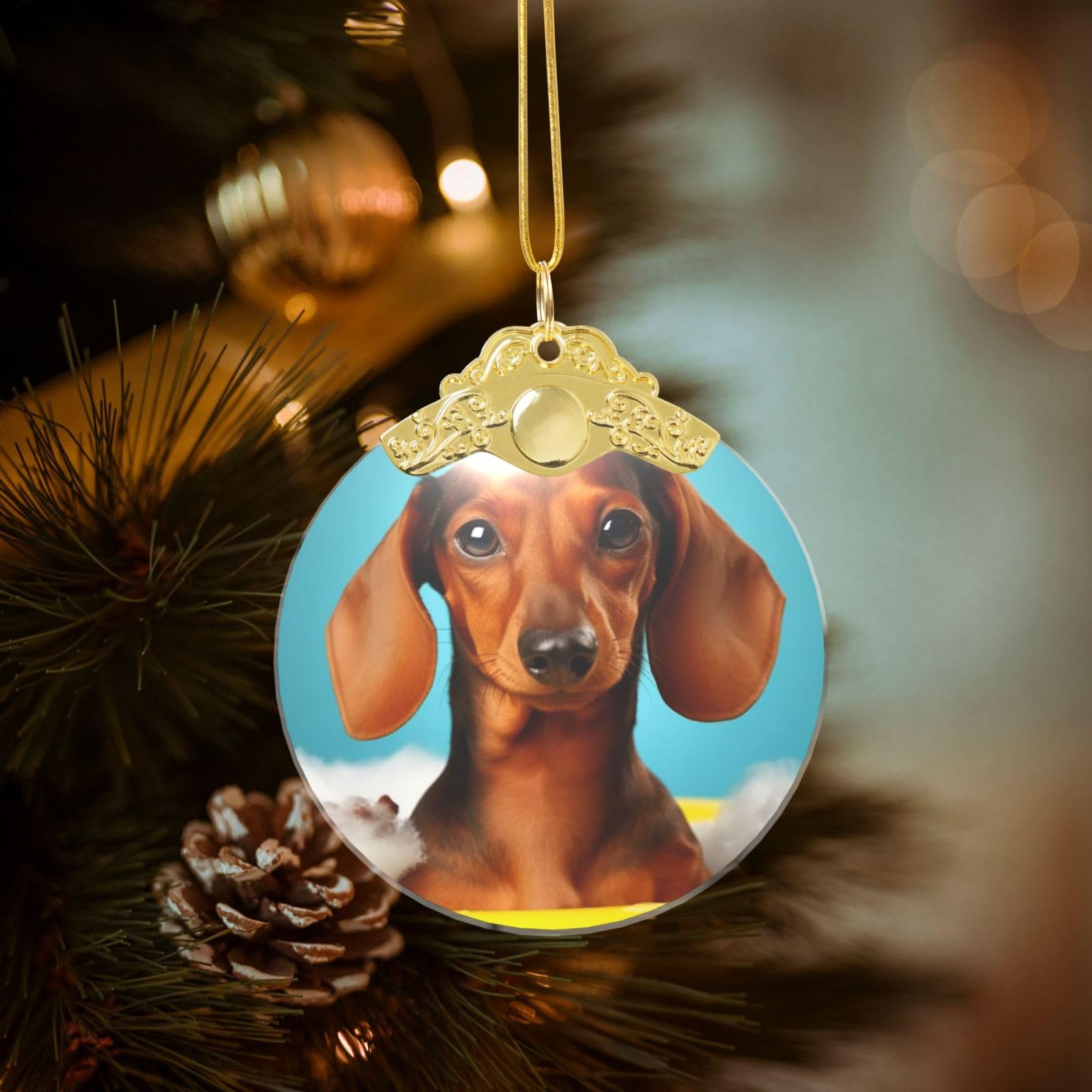 Crystal Christmas Ornaments for Christmas Tree Decoration Hanging Dachshund Dog Ornament with Gold Ribbon Crafts Round Pendant for Keepsake Gifts Glass Xmas Decor Party Supplies