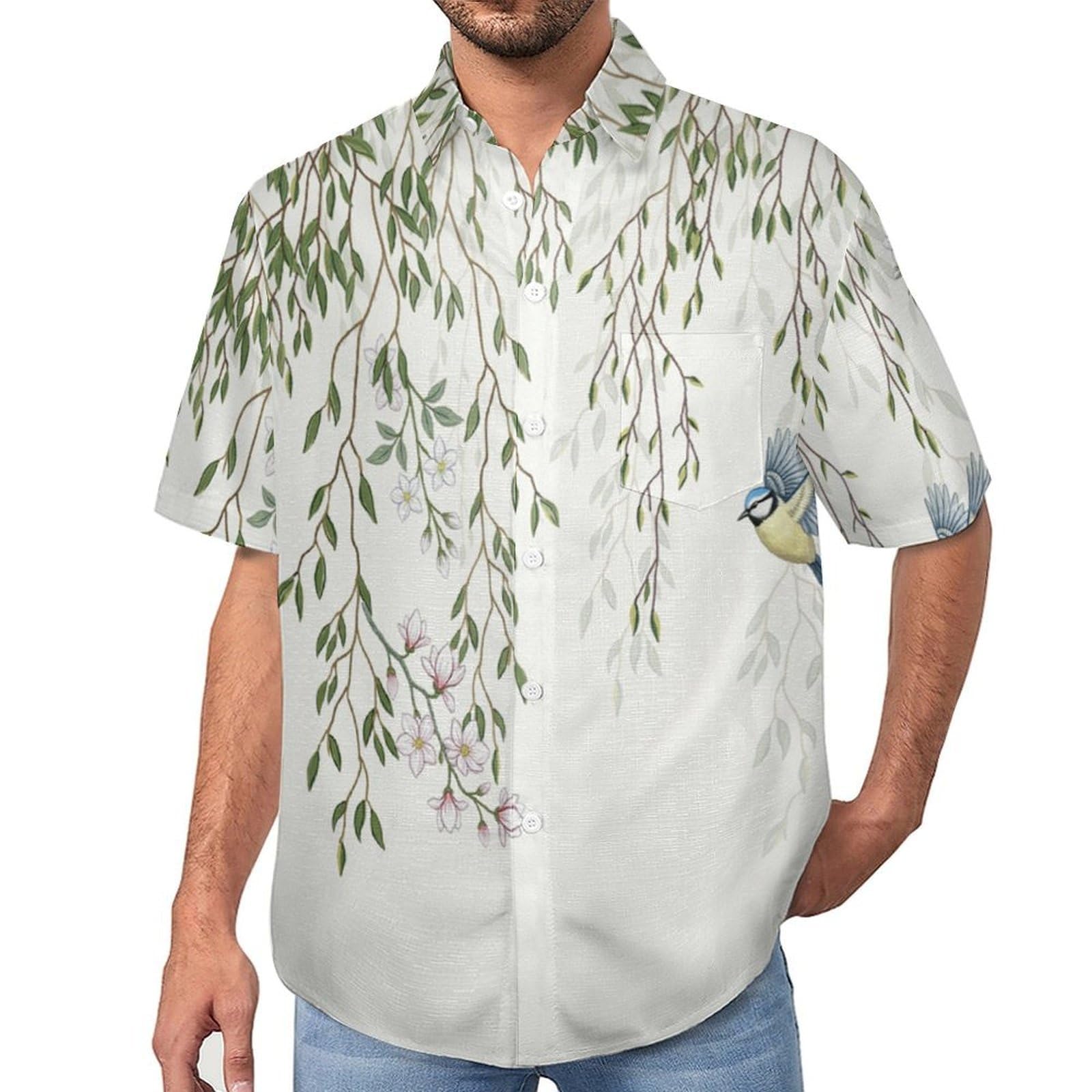 Funky Camicia Hawaiana Uomo, Manica Corta Design Aloha Camicie con Bottoni, Estiva Camicie a Uccelli su Rami di Salice Casual Stampa Spiaggia Estate Disegnato A Mano Camicia