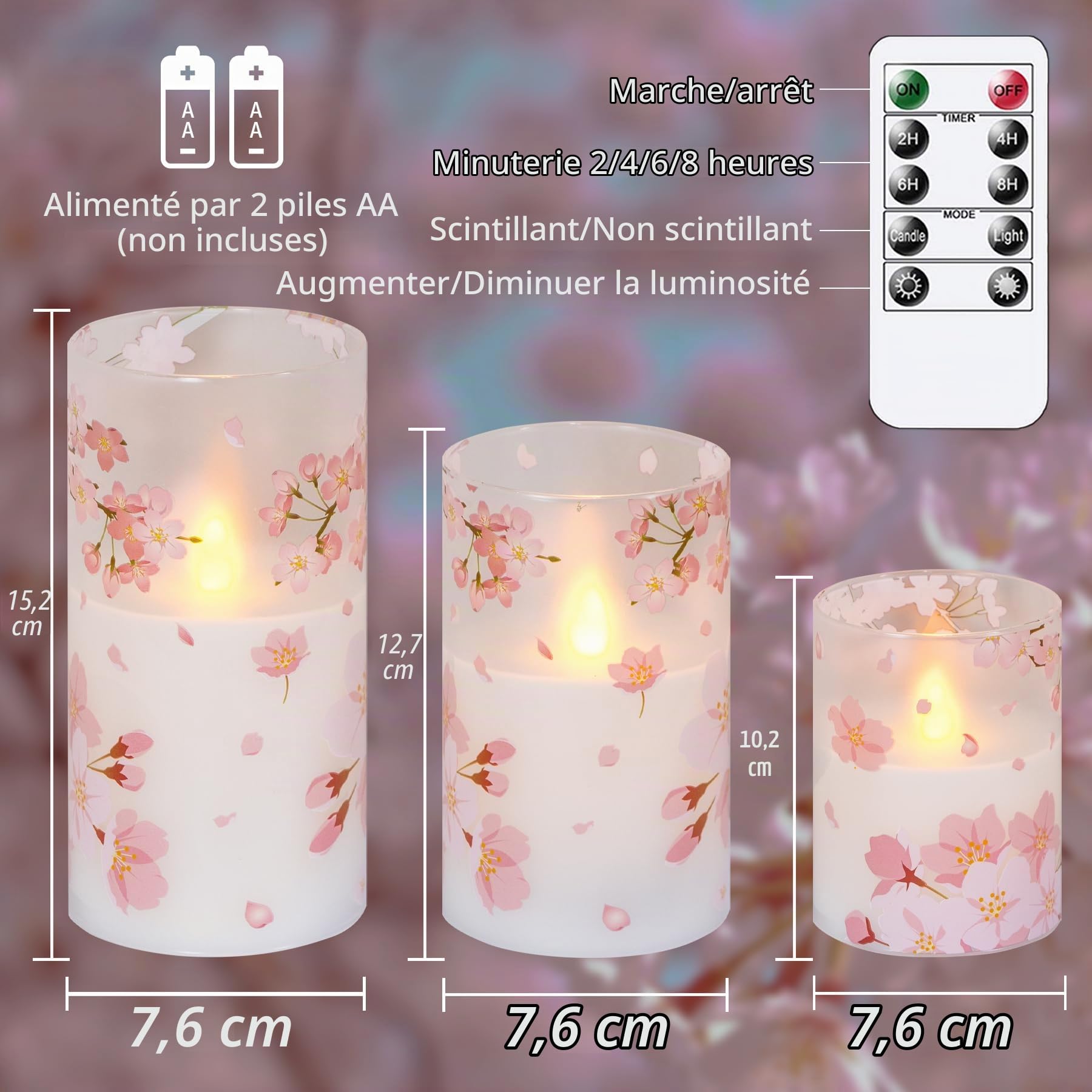 Bougies LED flamme vacillante en verre avec télécommande et minuterie, Fleurs de cerisier, cire véritable, fonctionnant sur piles, lot de 3 bougies piliers électriques(7.5x10 12,5 15cm)