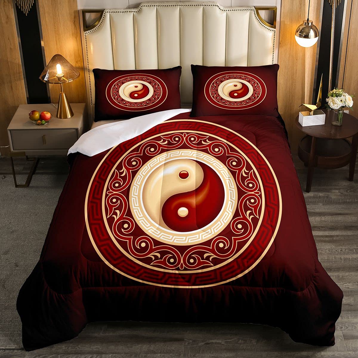 Loussiesd Tai Chi Soft Duvet Kids Teens Gossip Pattern Duvet Insert Traditional Ying Yang Red 2Pcs Single Size — image 1