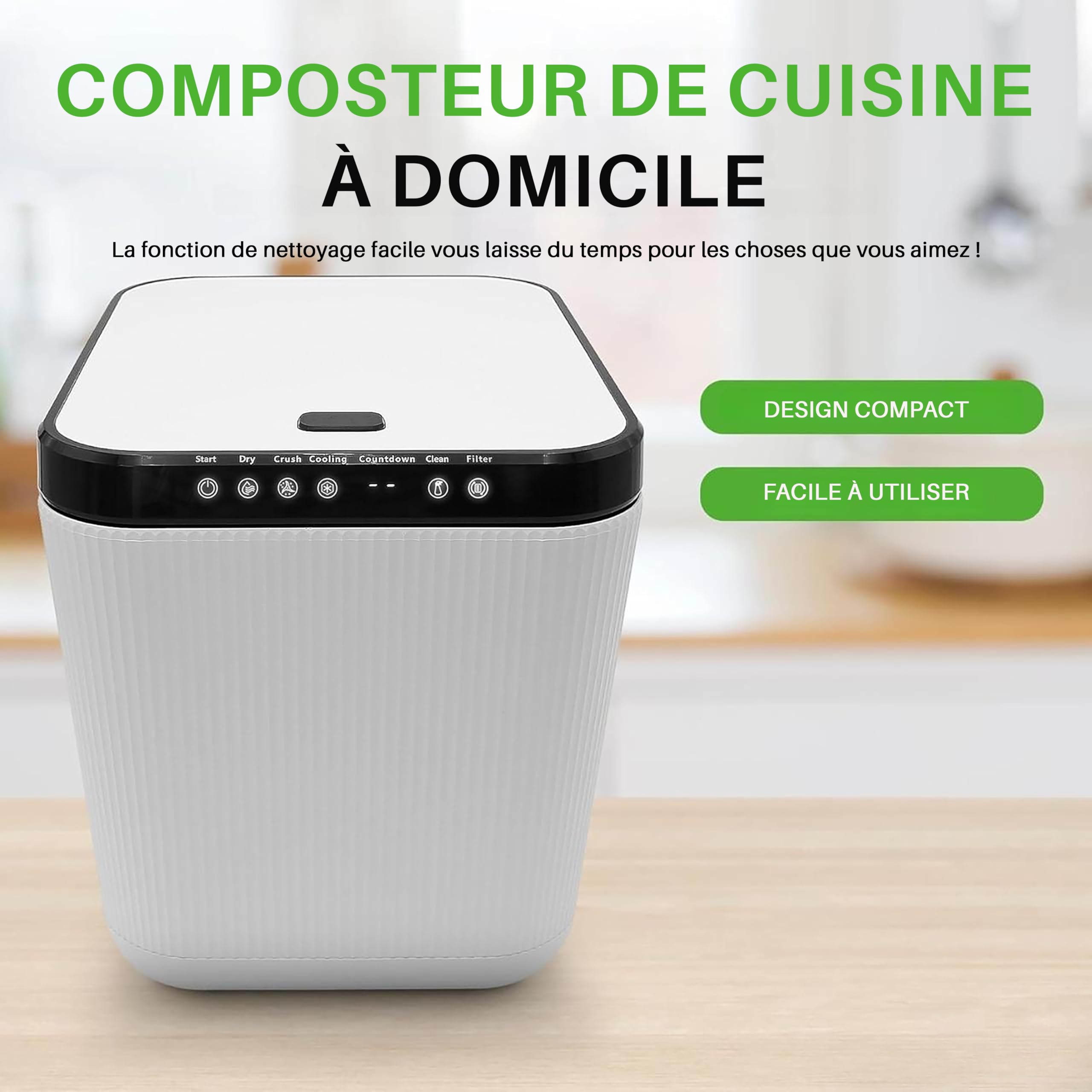 Nutrichef Composteur Cuisine Électrique 3L – Poubelle Compost Cuisine Automatique de Comptoir - Fonctions de Séchage, Broyage et Refroidissement - sans Odeur, Blanc