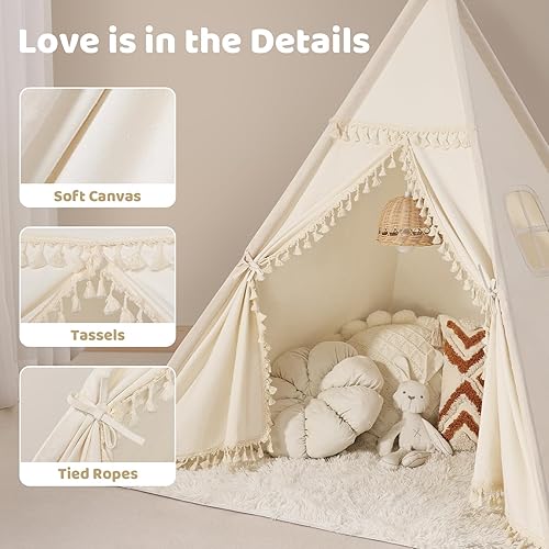 Vista 4 de Sumbababy Tienda de campaña tipi para niños, casa de juegos de lona natural con flecos, tela lavable, tienda de campaña Tipi, incluye bolsa