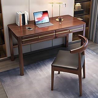 RUNNUP Modern Soild Wood Writing Desk with 2 Drawers, 47.5" Home Office Desk, Minimalist Computer Work Study Table, Small Spaces, Walnut Without Chairs