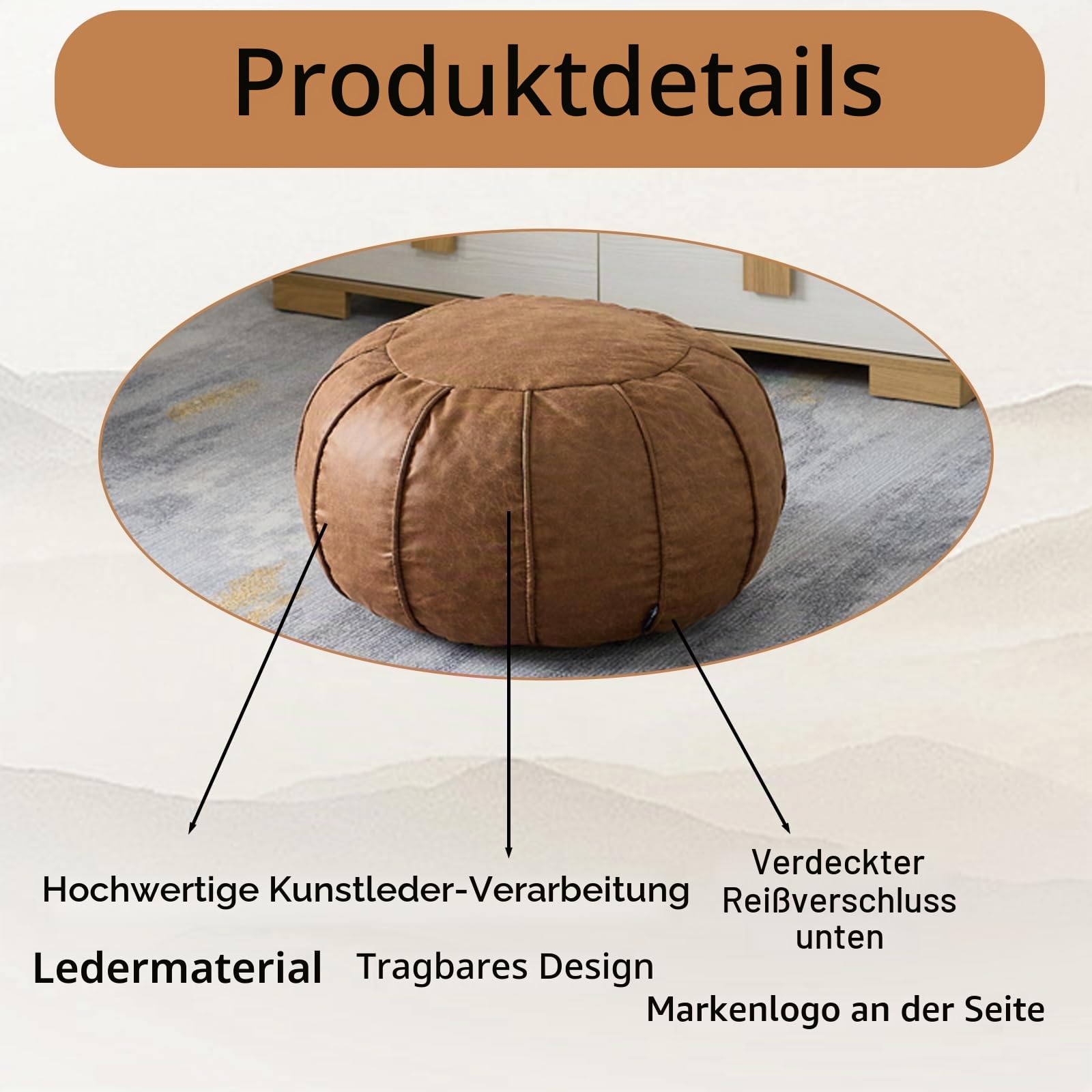 Louis Donné Ungefüllter runder Pouf Bezug, Supersoft handgefertigter Ottoman aus Kunstleder, Sitzpouf mit Aufbewahrung, Fußhocker und Fußstütze für Wohnzimmer, Balkon, Büro und Indoor (Braun)
