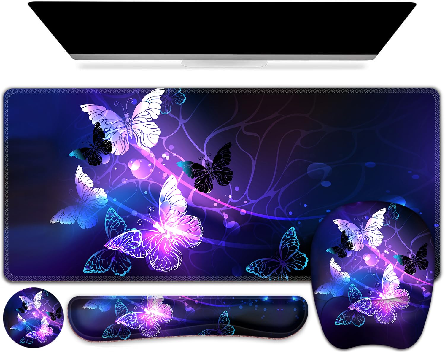NXZGO Large Mouse Pad with Wrist Support 4in1 Set, XXL Game Mousepad + Keyboard Wrist Rest+Mouse Wrist Rest+Coaster with Ergonomic Design Gaming Mat for Home Office Table Computer I Purple Butterfly — image 1