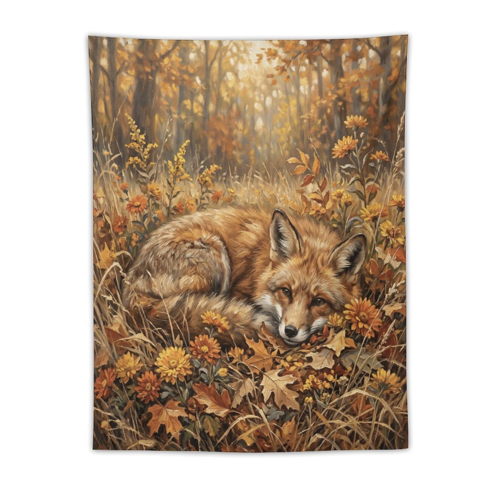 W7C8U2X3 Autumn Fox Forest Wall Tapestry, Realistic Illustration, Entryway