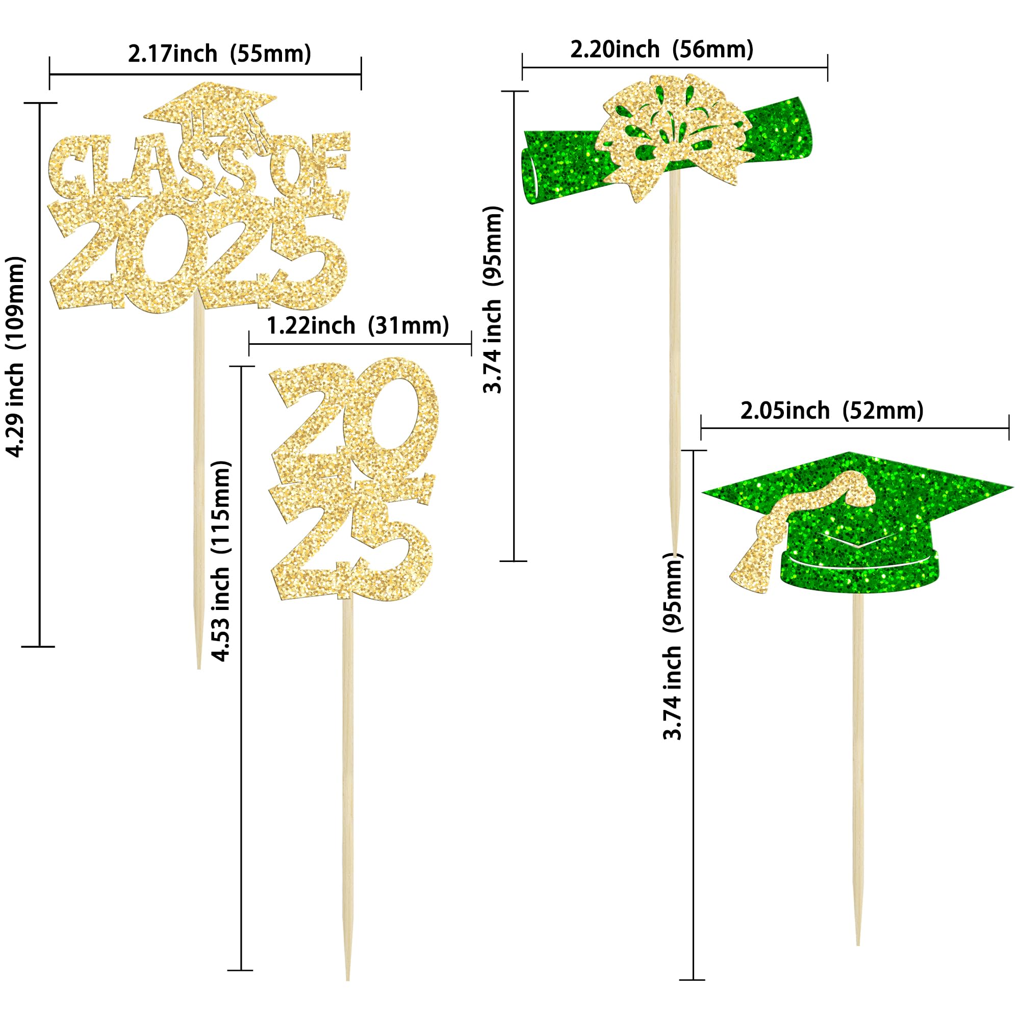 Ephlyn 36Pcs 2026 Graduation Theme Cupcake Toppers Glitter Class of 2026 Congrats Grad Diploma Graduation Cap Cupcake Picks for 2026 Graduation Theme Party Cake Decorations Supplies Gold Green - Image 2