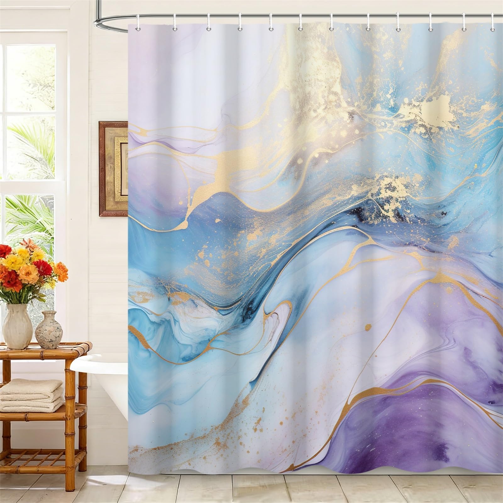 Kzzfqxb 183x198cm Shower Curtains with Plastic Hooks, Waterproof Occluded Purple Blue Marble Texture Golden Curve Wave Waterflow Art Pattern for Bath, Polyester Fabric for Bathroom Bathtub — image 1