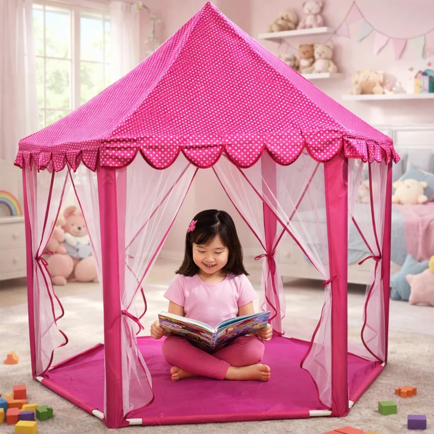 BabyGo Kids Prince Princess Castle Theme Play Tent with Mosquito Net Design for Kids (Pink) (140cm x 135cm x 70cm)