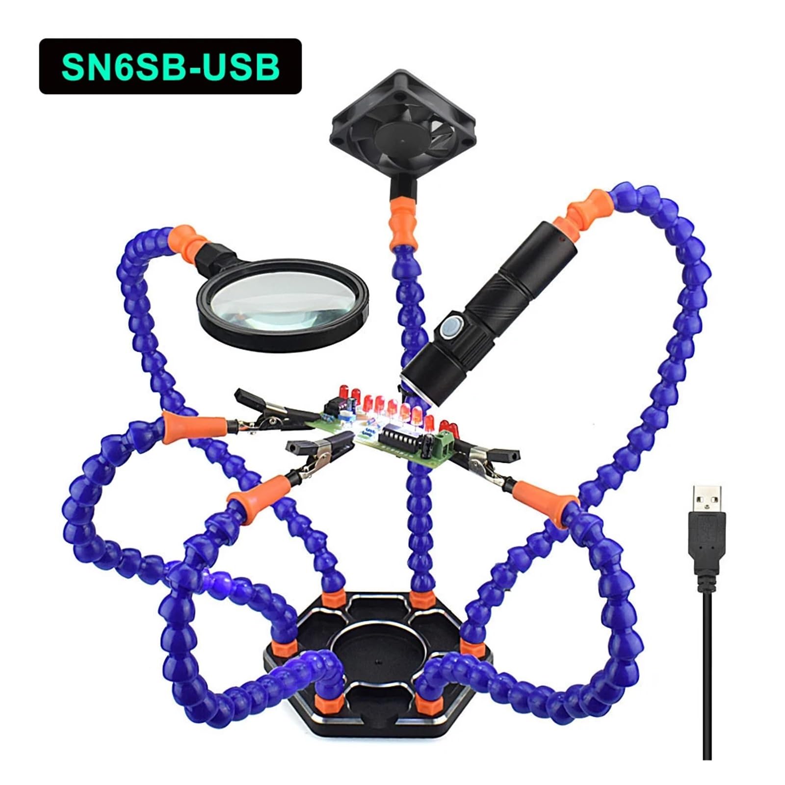 Saldatura Terza Mano Strumento, Saldatura Terza Mano Strumento Multicolore con Lente d'Ingrandimento 3X Torcia Ricaricabile USB Confezione da 12 80mm(Sn6sb-usb)