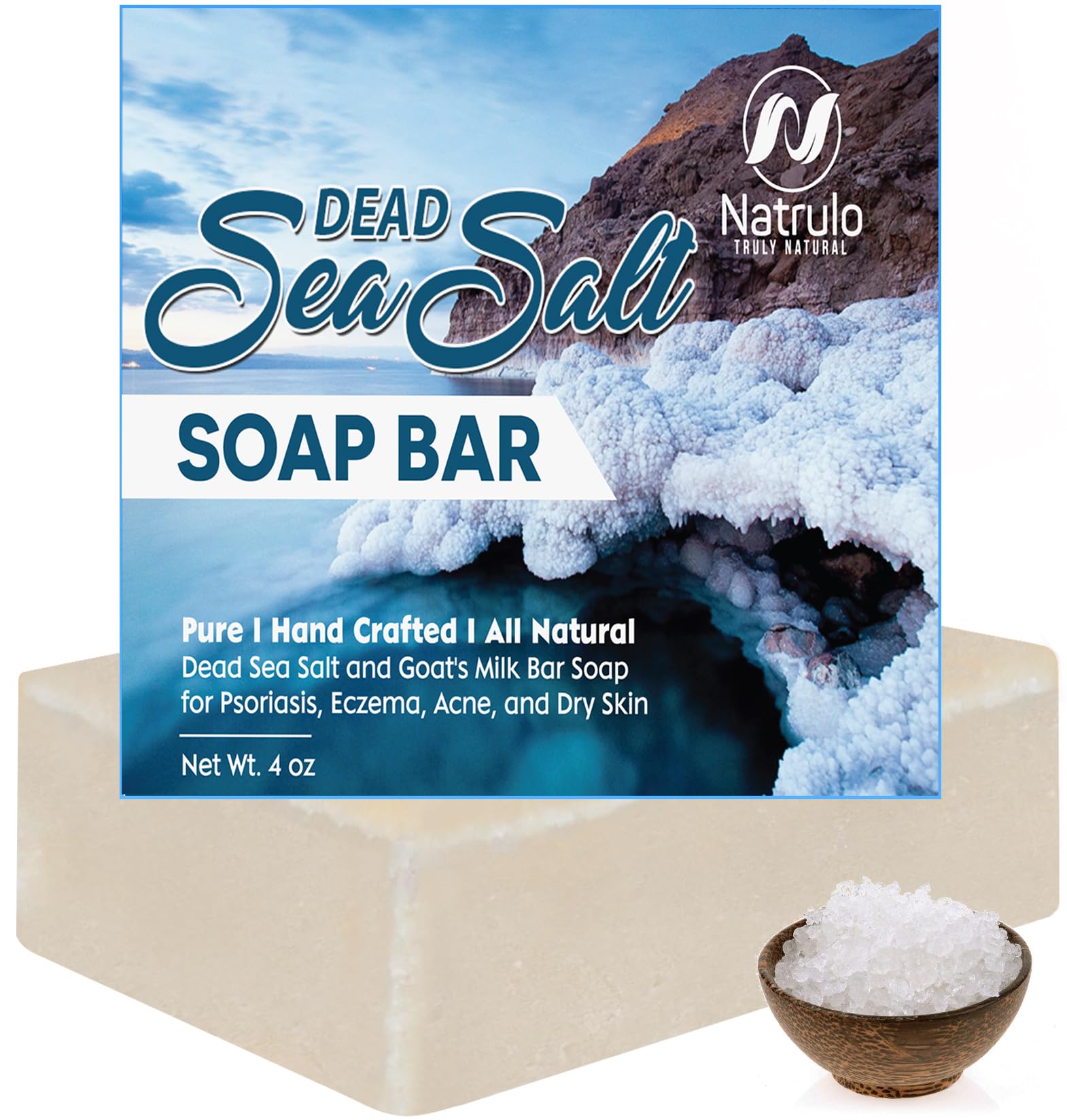 Natrulo Dead Sea Salt Soap Bar for Face & Body, 4oz – Pure Organic All Natural Goat's Milk Bar Soap for Psoriasis, Eczema, Acne, Dry Skin – Cleansing, Exfoliating, Brightening, Smoothing, Nourishing
