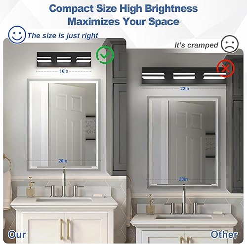 Miniatura 3 de Modernas luces LED de baño (3 luces), iluminación de pared acrílica negra metálica, luces de tocador para baño sobre espejo (6000 K 16 pulgadas)