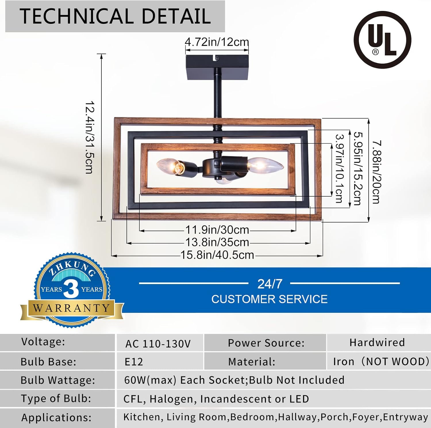 Industrial Rectangle Flush Mount Ceiling Light,Rotatable Metal Frame,Rustic Retro Vintage Farmhouse Light Fixture for Dining Living Room Bedroom Passway Kitchen Hallway Entryway,Faux-Wood Color Finish