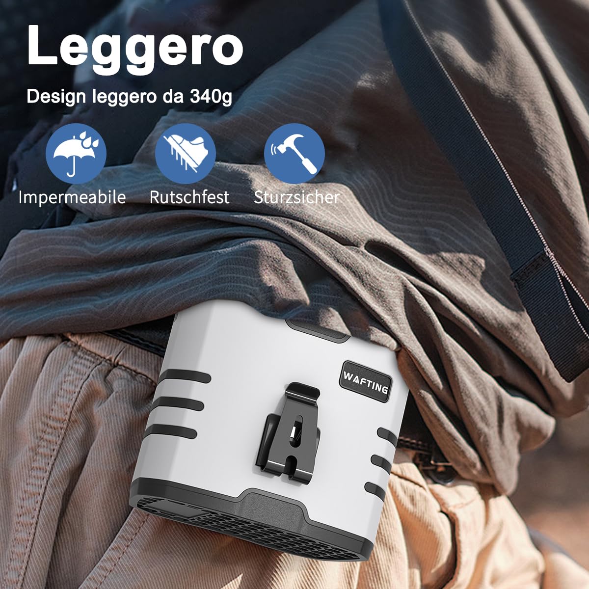 WAFTING Ventilatore a vita portatile – batteria ad alta capacità da 10000 mAh, 10 impostazioni di velocità regolabili, luci LED, ricarica di tipo C (Grigio)