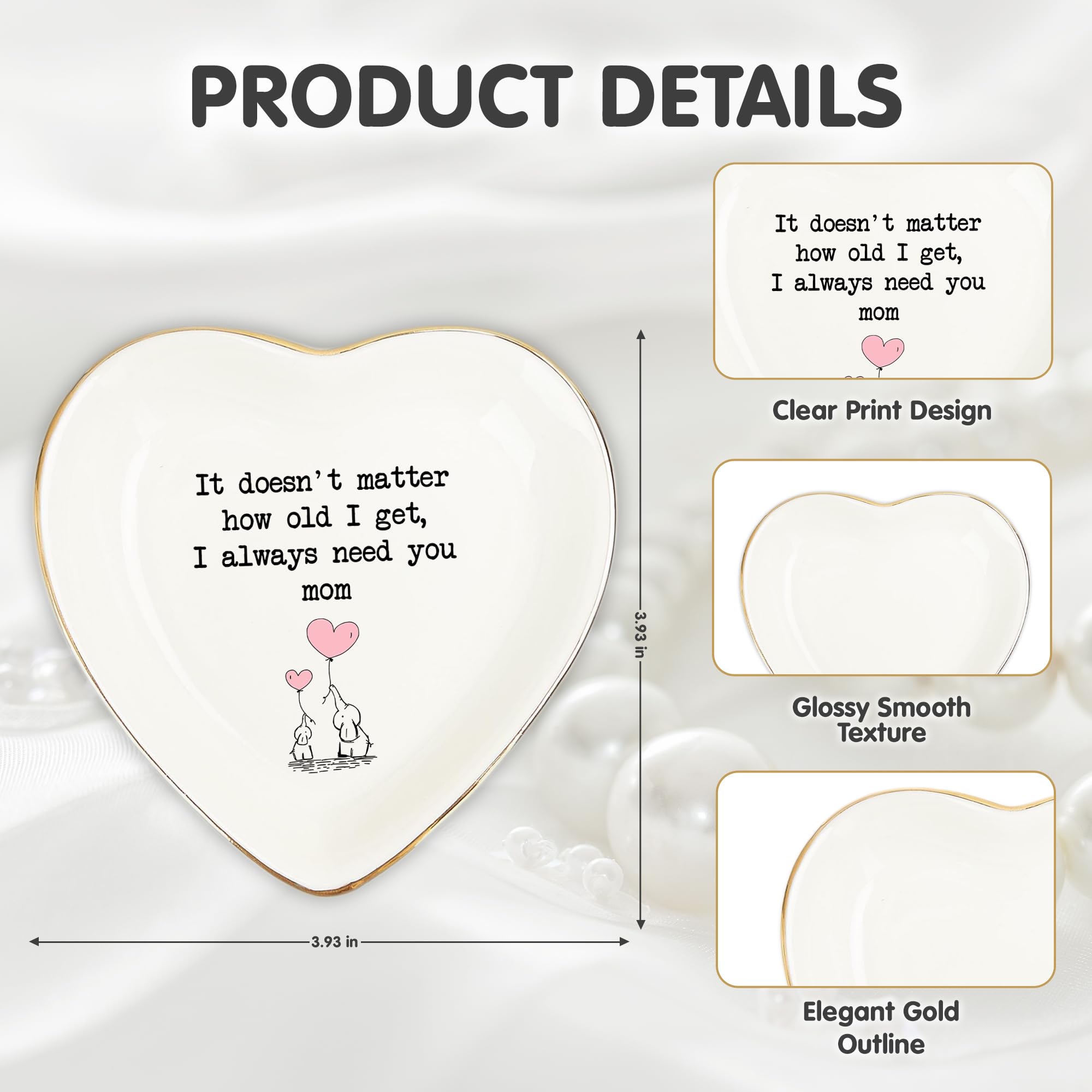 Mom Gifts Ring Dish – “I Always Need You, Mom” Quote Ring Holder with Gold Rim – Mother’s Day Gift, Birthday Gifts for Mom from Daughter Son, Keepsake Mom Decor Gift