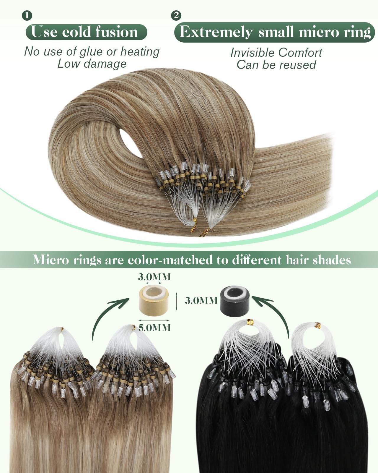 Ugeat Micro Loop Hair Extensions 24 Inch Light Brown Ombre Hair Extensions Micro Ring Platinum Blonde 50G/50S #9A/60/9A - Image 3