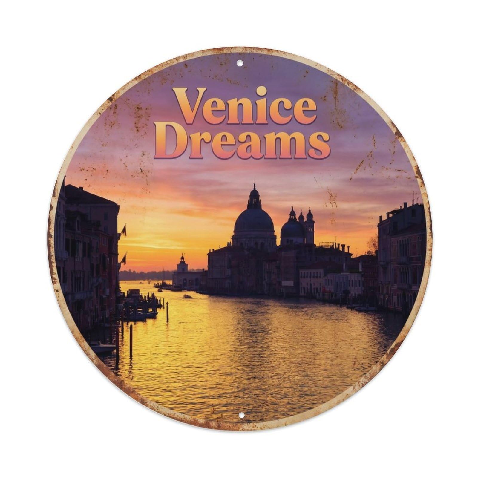 Italian Waterway Venice Gondola Lagoon Heritage Travel Classic Metal Tin Sign Plaque Wall Decor for Cafe, Man Cave, Club Bar, Office, Home Garden Round Metal Poster 8x8Inch