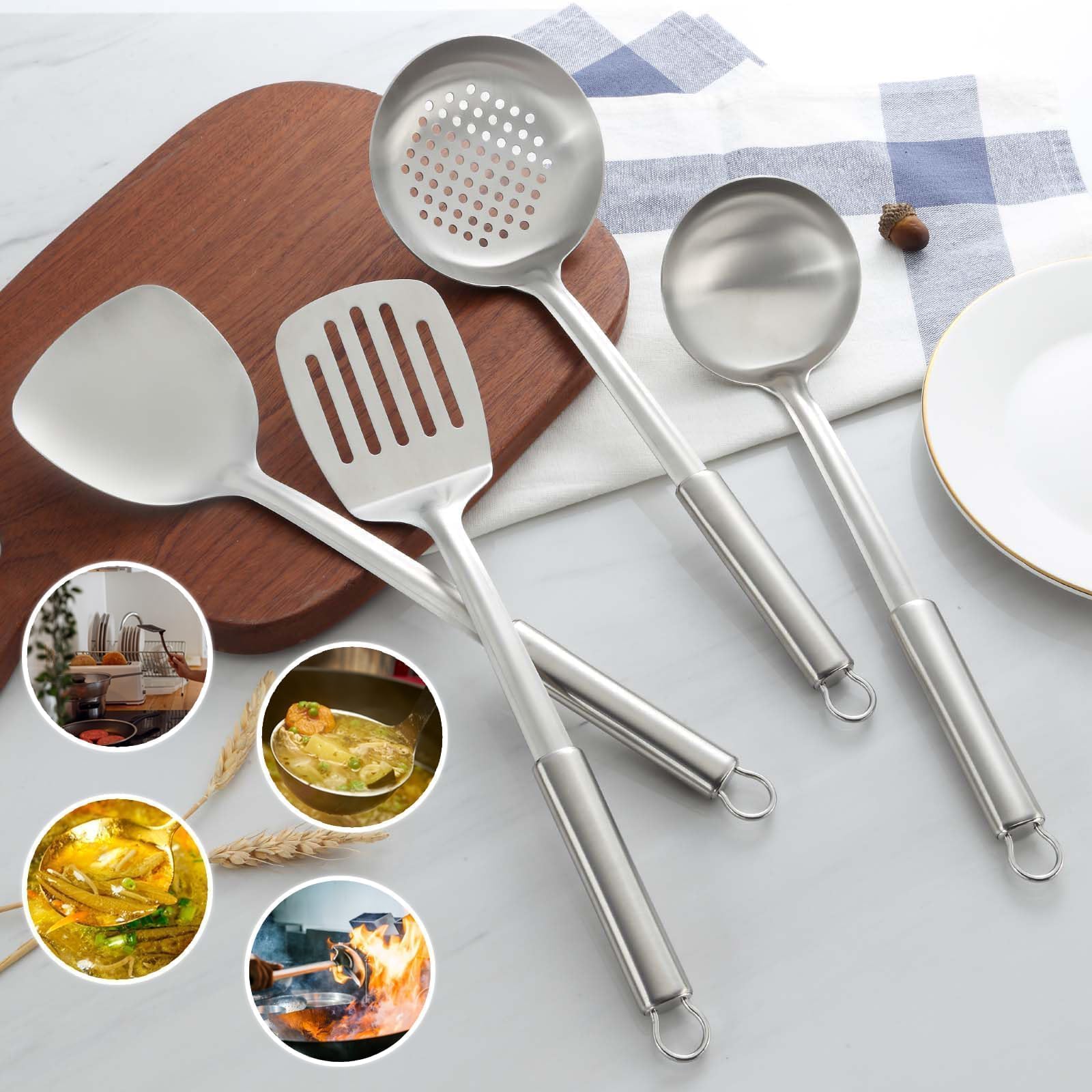 4P set utensilios de cocina, set acero inoxidable, utensilios de cocina y espumadera, espatula, cucharones y volteador ranurado