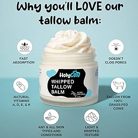 HolyCow Beef Tallow For Skin - Whipped Tallow Balm with Organic Jojoba Oil (Unscented/Herb-Infused), Grass Fed Beef Tallow Face Moisturizer for Eczema, Baby, Lip Balm - Lotion For Extremely Dry Skin