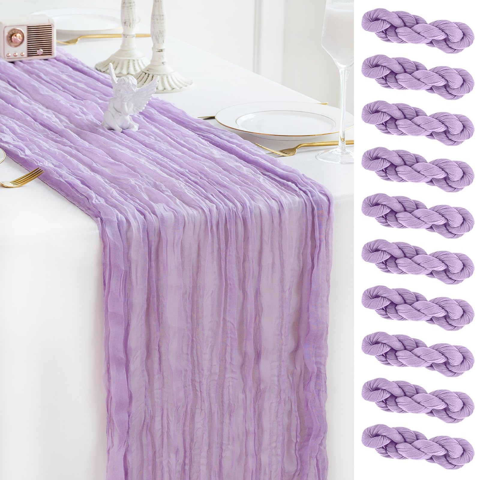 Paquete de 10 caminos de mesa de gasa de 10 pies, estilo bohemio, romántico, camino de mesa para boda, novia, fiesta de otoño (lavanda)