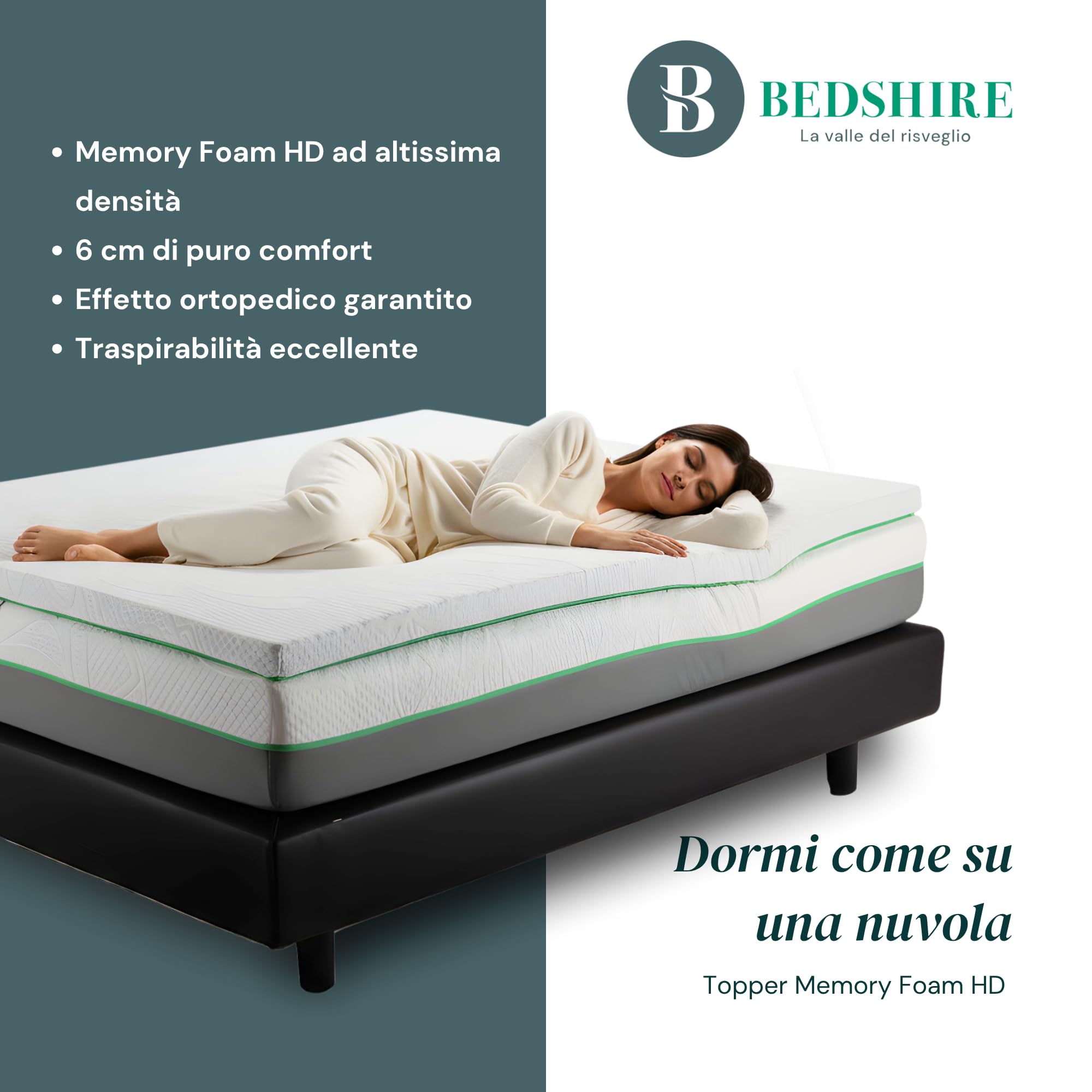 Bedshire Topper Matrimoniale 160x190 Materasso Correttore in Memory Foam HD Alto 6 cm Ortopedico per Mal di Schiena, Fresco e Traspirante, con Rivestimento Sfoderabile Futon Made in Italy 100%