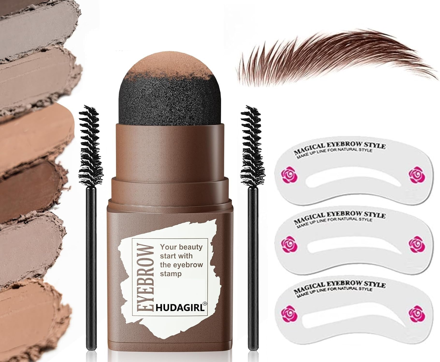 Eyebrow Stamp Stencil Kit - 1 Step Stamper for Perfect Natural Brows, Waterproof Long-lasting, 3 Reusable Shaping Stencils, 2 Brushes for Makeup (6 Items)