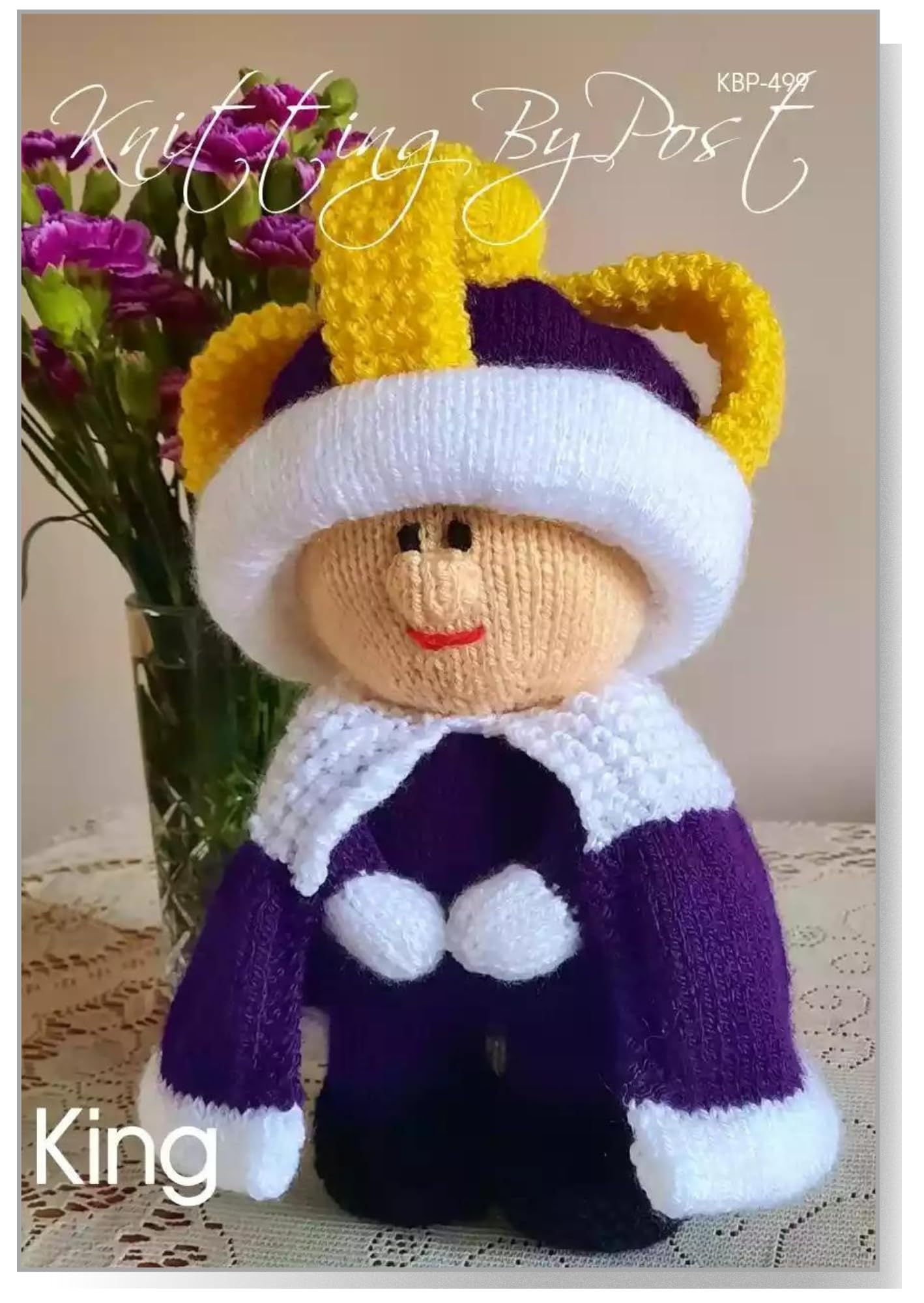 Knitting By Post Cream, Grey, White, Yellow Knitting Pattern Leaflet For A King From A Knitted King With Crown And Gown Ready For Coronation