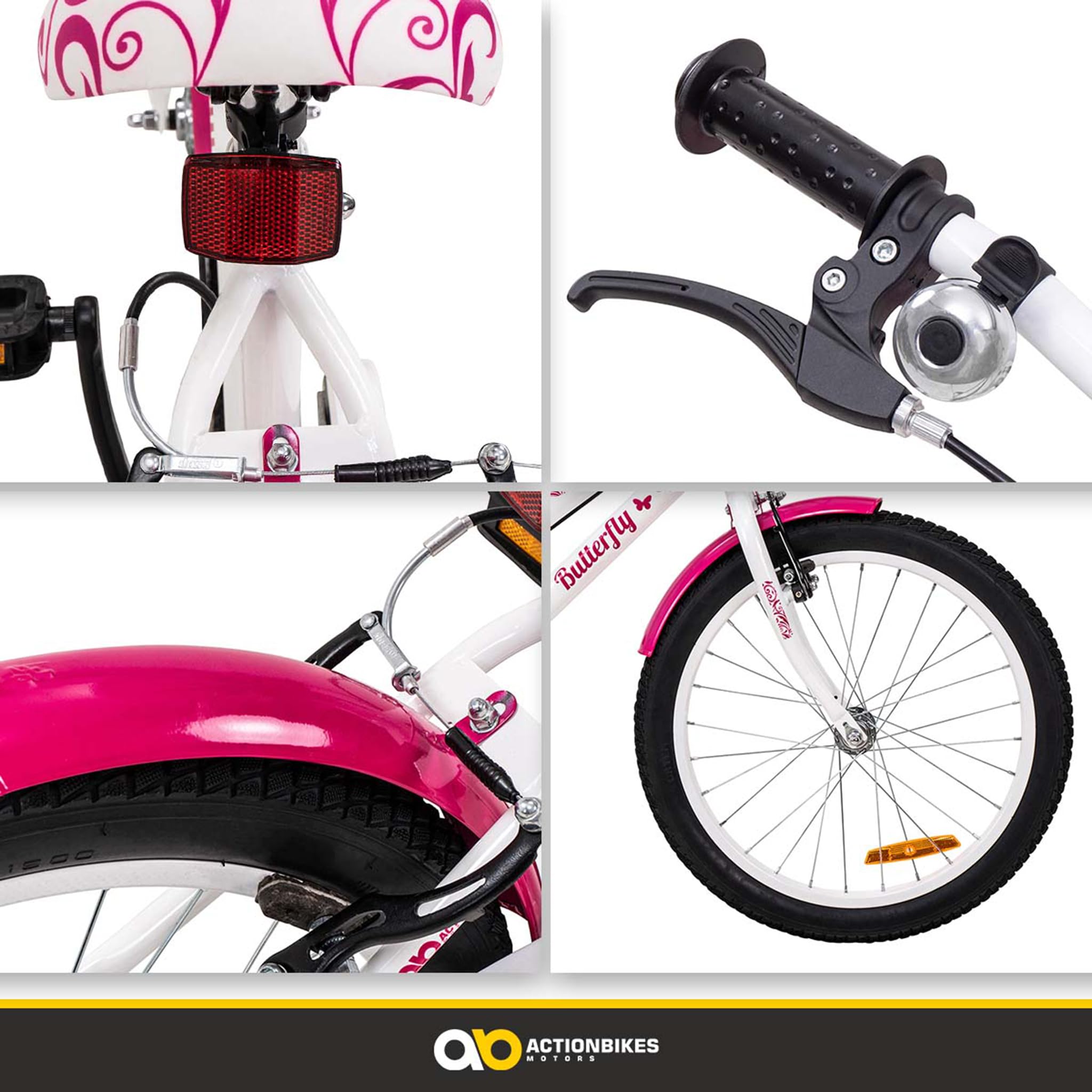 Actionbikes Kinderfahrrad Butterfly | 20 Zoll - V-Brake Bremsen - Schutzblech v. und h. - Kinder Fahrrad für Mädchen - Fahrräder - Kinderrad - Jugendrad - Von 6-9 Jahren