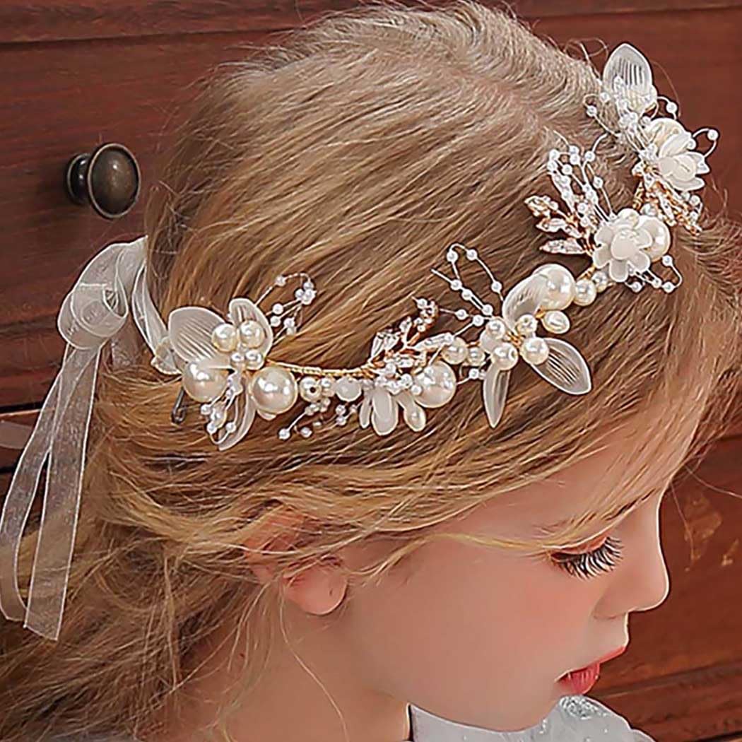 Campsis Flower Girl Headpiece for Wedding, Pearl Communion Headband, Bridal Hair Accessories for Girls - Image 2